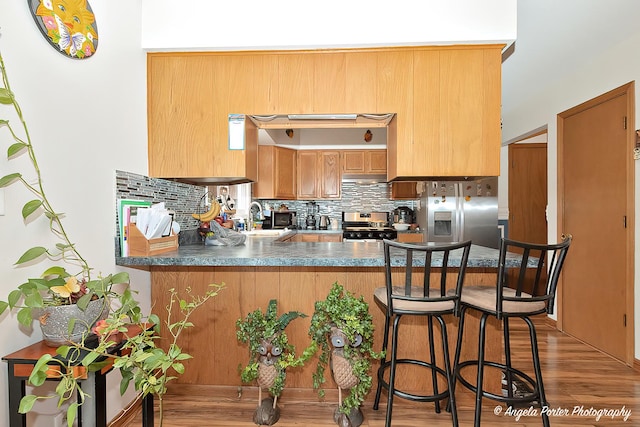 kitchen with a sink, a peninsula, wood finished floors, backsplash, and appliances with stainless steel finishes