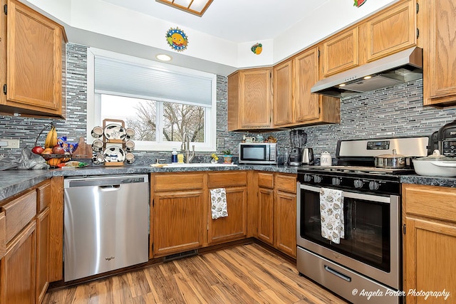 kitchen with under cabinet range hood, dark countertops, appliances with stainless steel finishes, and a sink