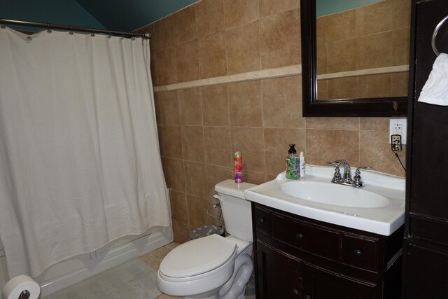 11108 S Myrtle St, Huntley, IL 60142 - full bath with tile walls, toilet, vanity, shower / tub combo, and decorative backsplash