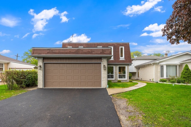 5252 Foster St, Skokie, IL 60077 - view of front of property with mansard roof, driveway, a front lawn, brick siding, and an attached garage