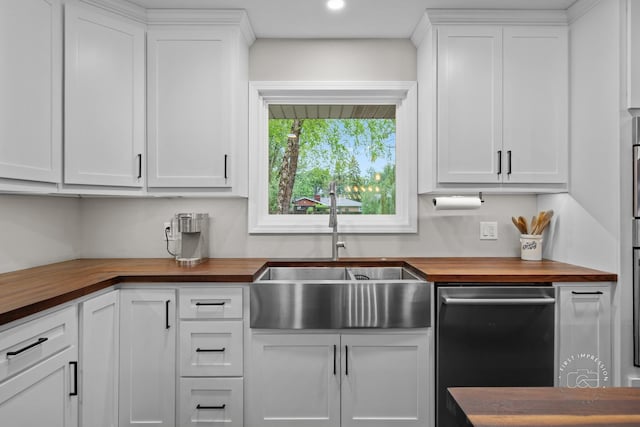 17 S Cypress Dr, Bristol, IL 60512 - kitchen with wooden counters, stainless steel dishwasher, a sink, white cabinets, and recessed lighting