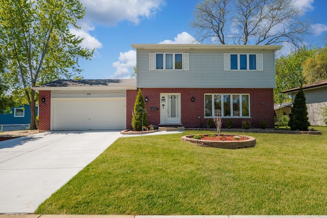 colonial-style house with an attached garage, driveway, brick siding, and a front lawn