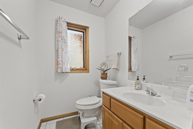 bathroom featuring tile patterned flooring, toilet, vanity, and baseboards