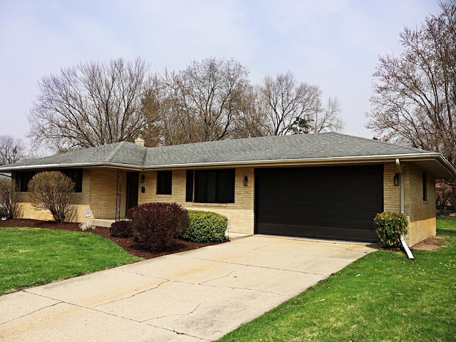 ranch-style home featuring driveway, brick siding, and a garage