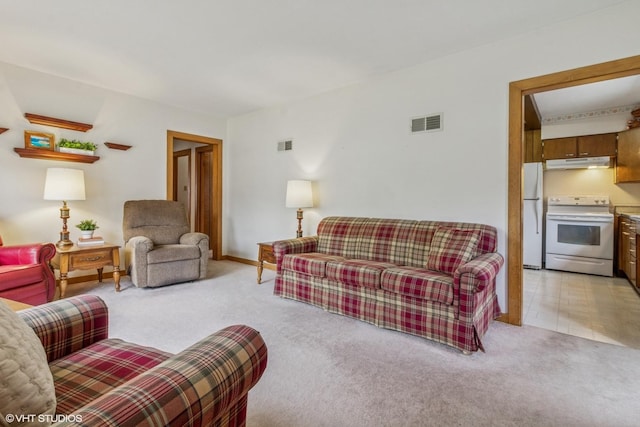 living room featuring light colored carpet