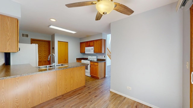 341 Capitol Dr Unit D, Sugar Grove, IL 60554 - kitchen featuring white appliances, a peninsula, light wood-style floors, a ceiling fan, and recessed lighting