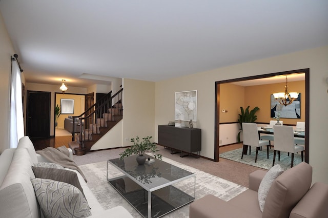 37 Pottowattomie Ct, Naperville, IL 60563 - living room featuring a chandelier, stairs, carpet flooring, and baseboards