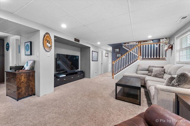 537 71st St, Darien, IL 60561 - living area featuring carpet floors, stairway, a drop ceiling, and recessed lighting