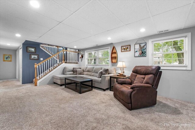 537 71st St, Darien, IL 60561 - carpeted living area with stairway, recessed lighting, and a drop ceiling