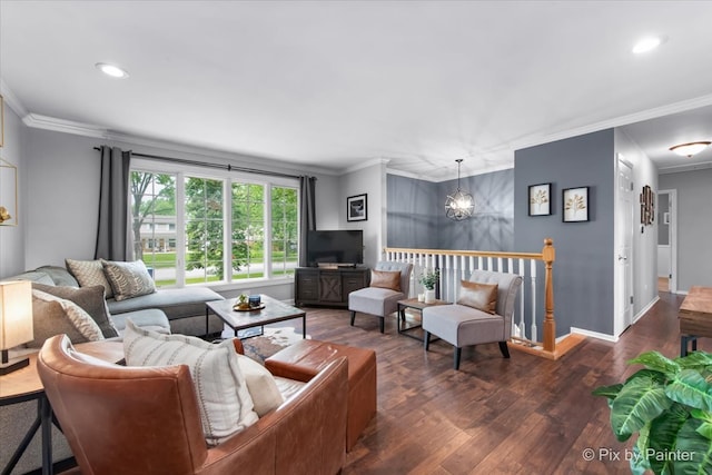 537 71st St, Darien, IL 60561 - living area featuring wood finished floors, a chandelier, ornamental molding, and recessed lighting