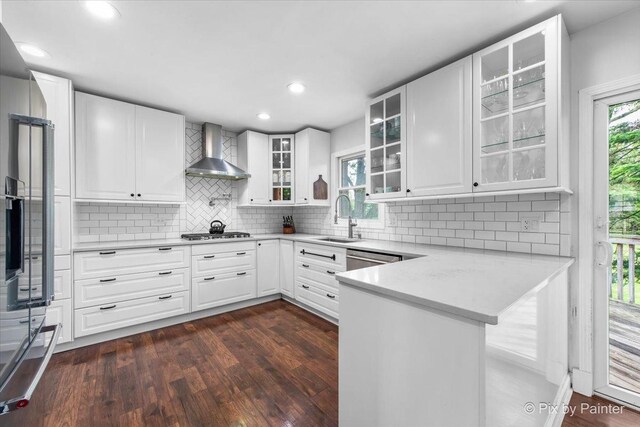 537 71st St, Darien, IL 60561 - kitchen featuring wall chimney range hood, dark wood finished floors, a peninsula, stainless steel appliances, and recessed lighting