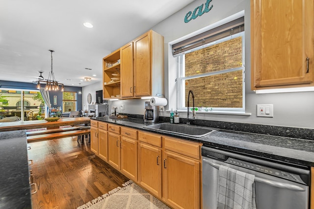 5016 N Sheridan Rd Unit 1, Chicago, IL 60640 - kitchen featuring a sink, dark stone counters, open shelves, dishwasher, and dark wood-style flooring