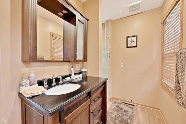 bathroom featuring wood finished floors, visible vents, vanity, and baseboards