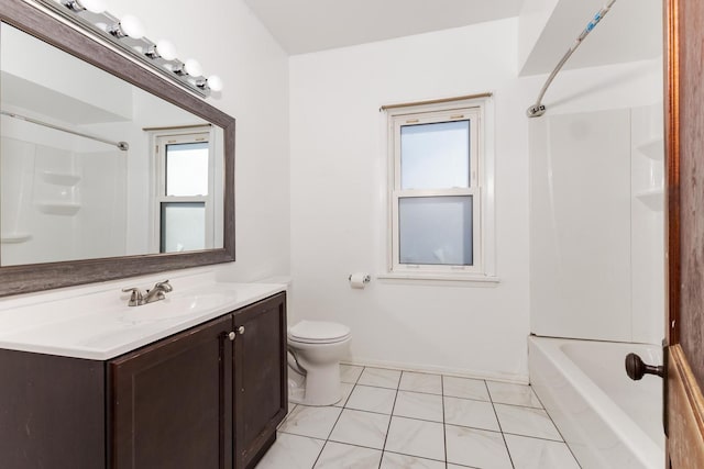 full bathroom featuring baseboards, toilet, vanity, and shower / washtub combination