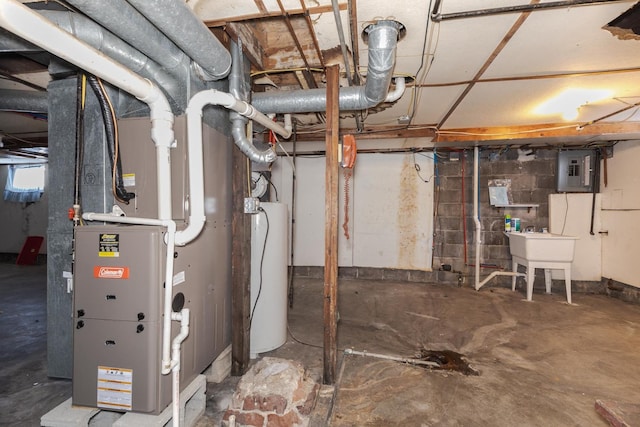 unfinished basement with water heater and electric panel