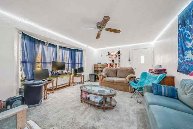 living area with a ceiling fan