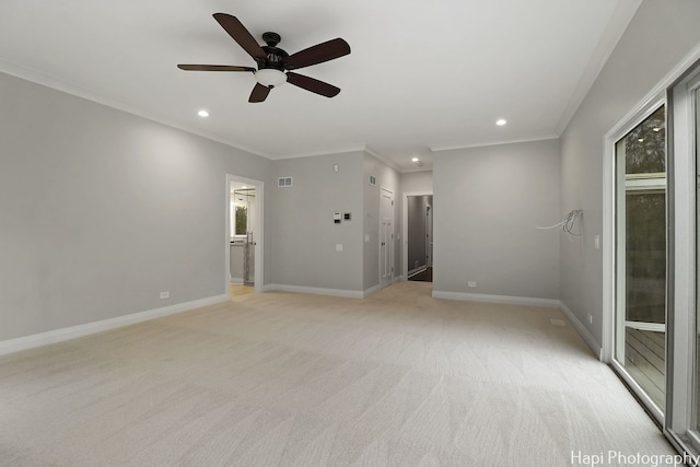 empty room featuring crown molding, ceiling fan, light carpet, baseboards, and recessed lighting