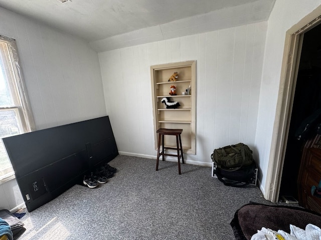 sitting room with wood walls and carpet flooring