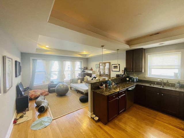 kitchen featuring a tray ceiling, dishwashing machine, open floor plan, and a sink