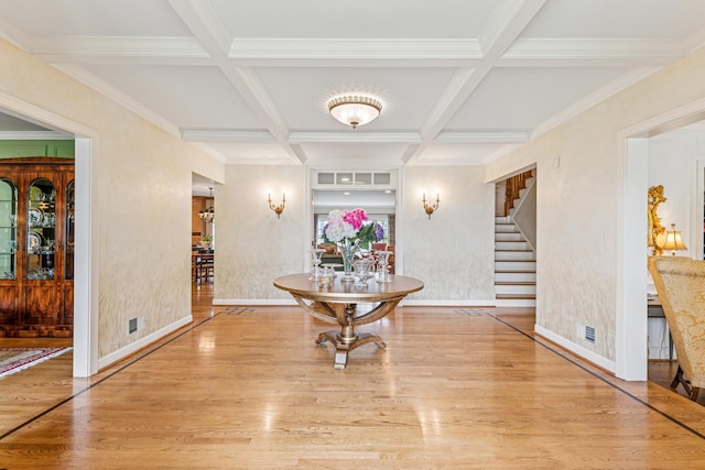 1135 Buttonwood Ln, Northbrook, IL 60062 - hall with coffered ceiling, baseboards, wood finished floors, beamed ceiling, and stairway