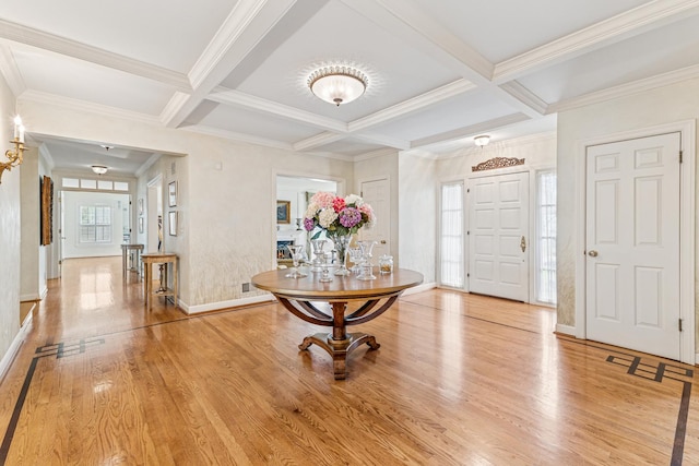 1135 Buttonwood Ln, Northbrook, IL 60062 - entrance foyer featuring coffered ceiling, baseboards, light wood-type flooring, and beam ceiling