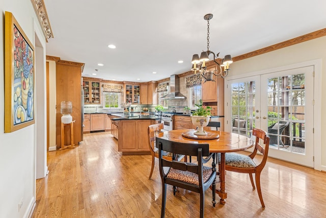 1135 Buttonwood Ln, Northbrook, IL 60062 - dining area featuring a notable chandelier, french doors, recessed lighting, light wood-style flooring, and baseboards