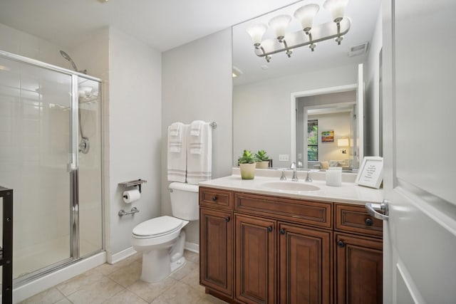 bathroom with vanity, toilet, tile patterned floors, visible vents, and a stall shower