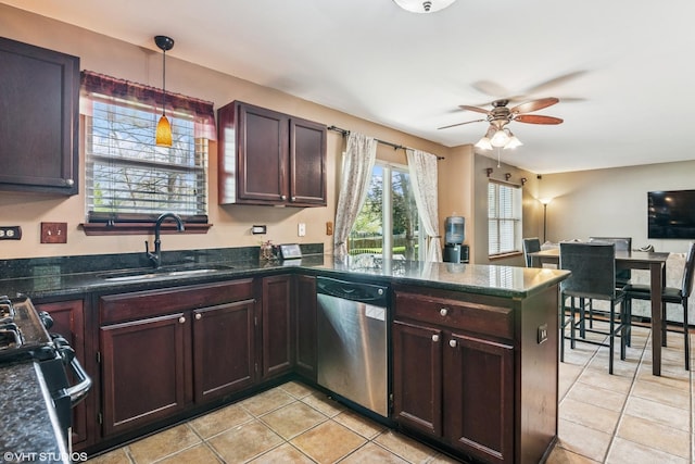 kitchen with ceiling fan, dishwasher, a sink, light tile patterned floors, and a peninsula