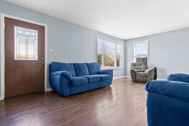 living area with baseboards and wood finished floors