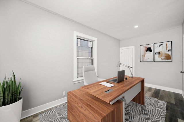 8045 S Escanaba Ave, Chicago, IL 60617 - home office with baseboards, recessed lighting, dark wood-type flooring, and ornamental molding