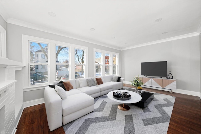 8045 S Escanaba Ave, Chicago, IL 60617 - living room with baseboards, crown molding, and dark wood-style floors