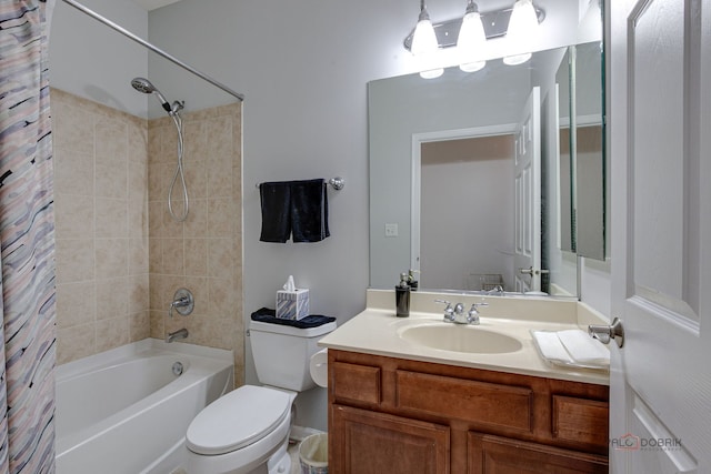full bath with vanity, shower / bathtub combination with curtain, and toilet