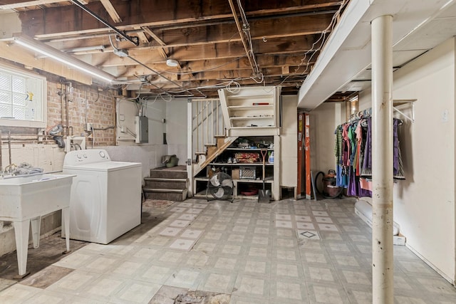 6141 W 35th St, Cicero, IL 60804 - below grade area featuring washer / clothes dryer, tile patterned floors, and stairway