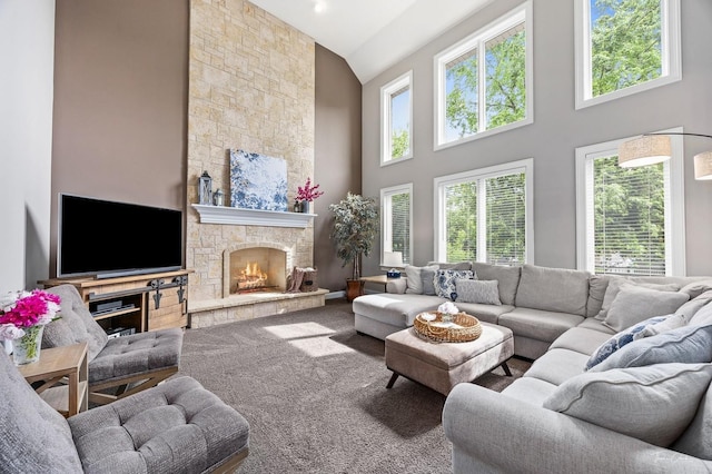 325 Bonnie Brae Ave, Itasca, IL 60143 - carpeted living area featuring high vaulted ceiling and a fireplace