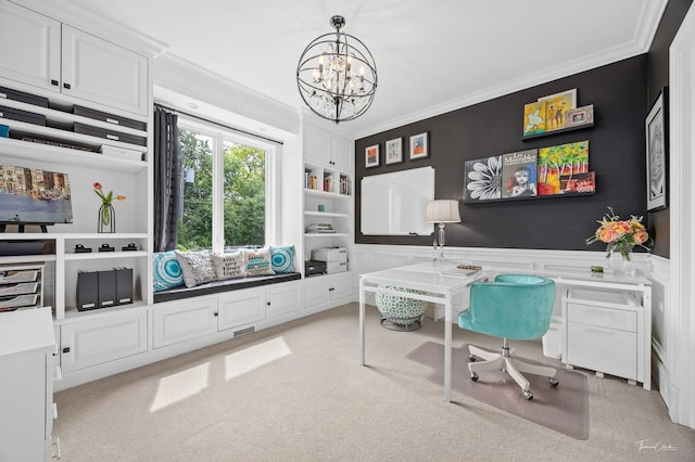 325 Bonnie Brae Ave, Itasca, IL 60143 - office area featuring crown molding, a chandelier, light colored carpet, wainscoting, and built in features