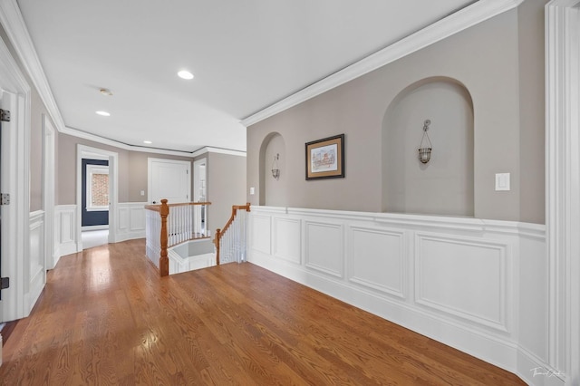 325 Bonnie Brae Ave, Itasca, IL 60143 - corridor with crown molding, wainscoting, a decorative wall, recessed lighting, and wood finished floors