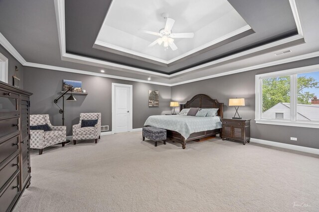 325 Bonnie Brae Ave, Itasca, IL 60143 - bedroom with a raised ceiling, crown molding, light carpet, and a ceiling fan