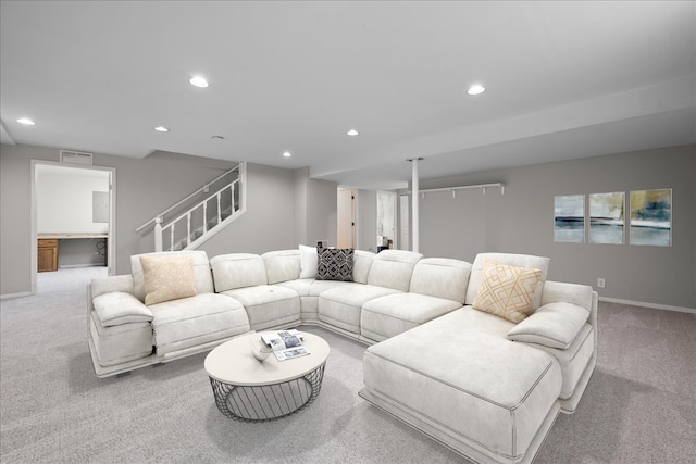 931 Sanctuary Ln, Naperville, IL 60540 - carpeted living area with baseboards, recessed lighting, visible vents, and stairway