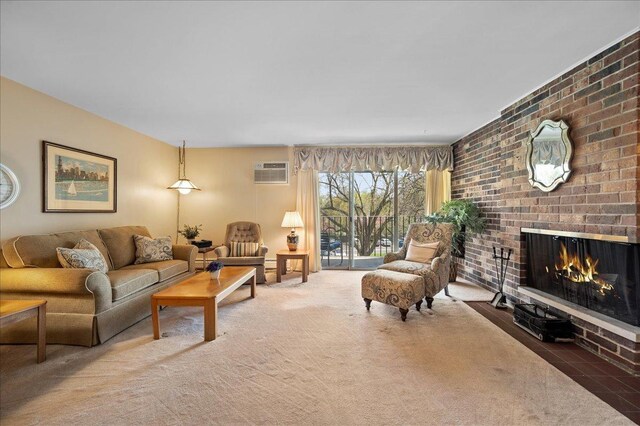 1053 W Ogden Ave Unit 350, Naperville, IL 60563 - living area featuring carpet flooring, a wall mounted air conditioner, and a fireplace