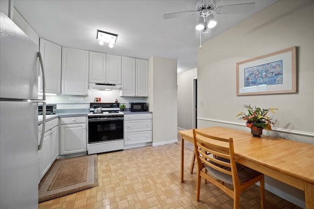 1053 W Ogden Ave Unit 350, Naperville, IL 60563 - kitchen featuring under cabinet range hood, ceiling fan, white appliances, white cabinetry, and baseboards
