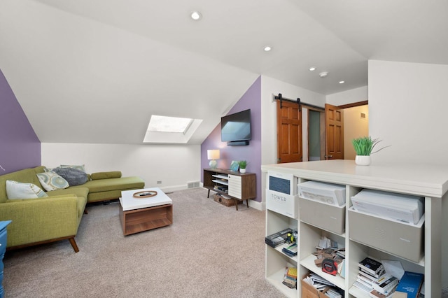 41W838 High Point Ln, Elburn, IL 60119 - carpeted living area with lofted ceiling, a skylight, recessed lighting, and baseboards