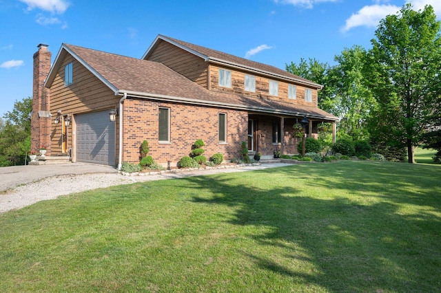41W838 High Point Ln, Elburn, IL 60119 - view of front of property with a garage, driveway, a front lawn, brick siding, and a chimney