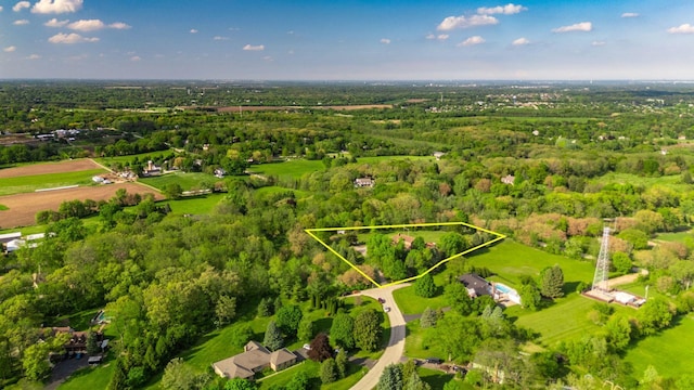 41W838 High Point Ln, Elburn, IL 60119 - aerial view of property and surrounding area with property parcel outlined and a heavily wooded area