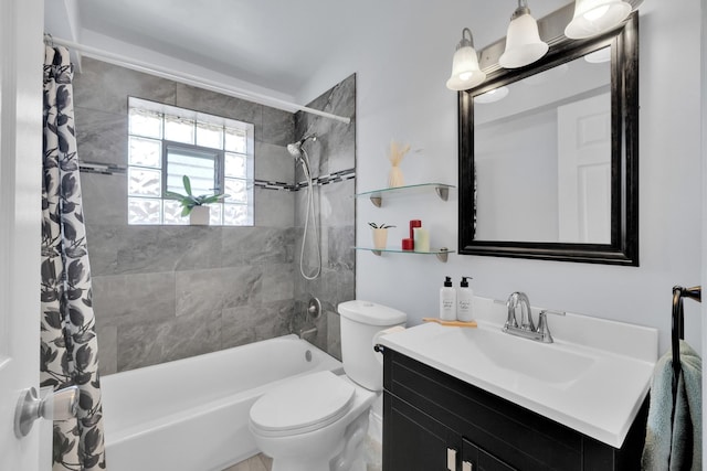 bathroom with toilet, vanity, and shower / tub combo with curtain