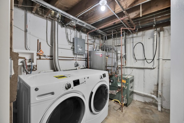 laundry area featuring water heater, washer and clothes dryer, laundry area, electric panel, and a heating unit