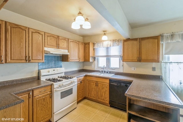 kitchen featuring dark countertops, black dishwasher, white range with gas cooktop, under cabinet range hood, and a sink