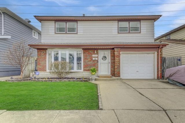 traditional-style house featuring roof with shingles, driveway, brick siding, an attached garage, and a front yard