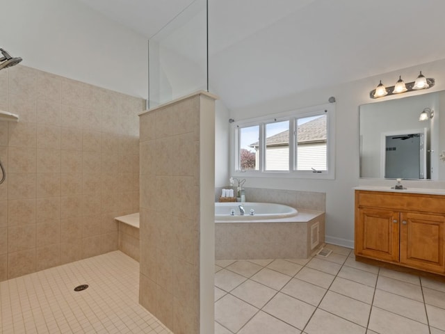 3035 Rollingridge Rd, Naperville, IL 60564 - full bathroom with vanity, tile patterned floors, walk in shower, and a bath