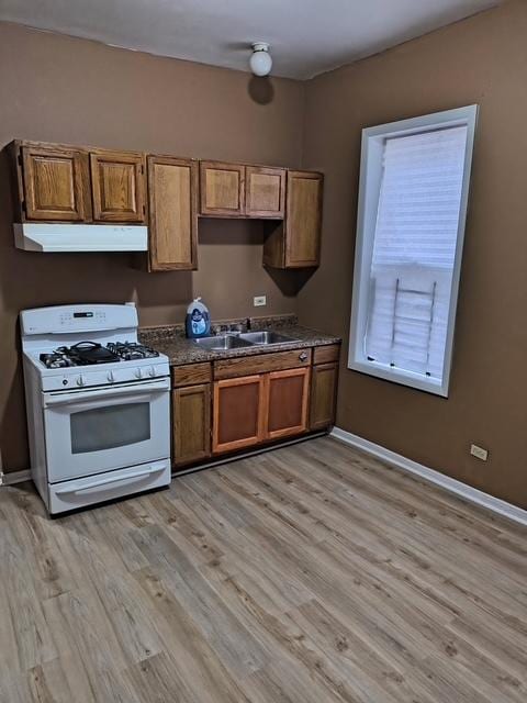 kitchen with brown cabinetry, white gas stove, light wood-style floors, and range hood