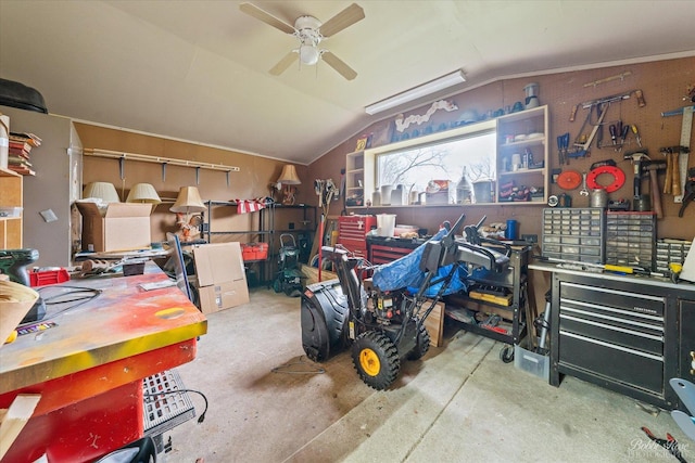 storage room with a ceiling fan